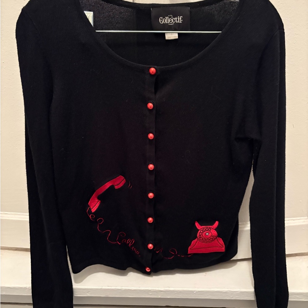 Collectif Black Cardigan with Red Telephone Embroidery - UK14 / US10-12